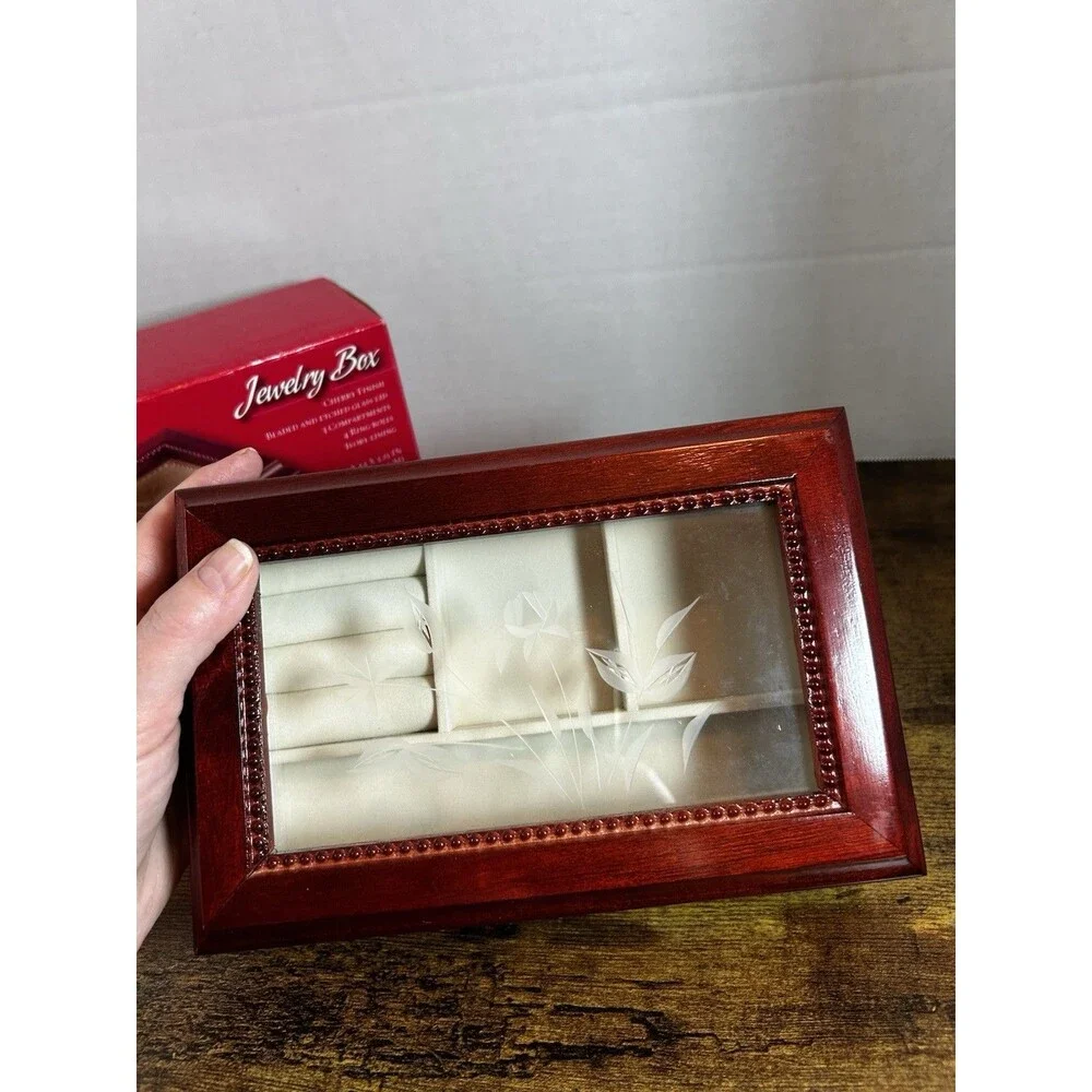 Cherry Finish Wooden Jewelry Box Etched Glass Lid 3 Compartment Ring Holder Vtg